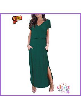Maternity Nursing Maxi Dress Short Sleeve Split Hem Pockets Rayon